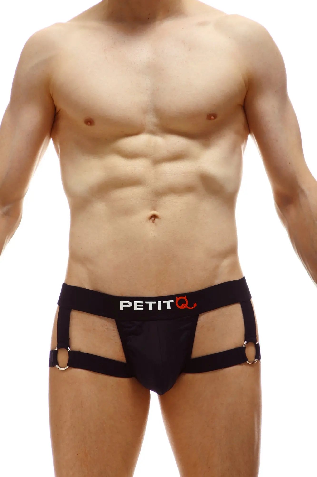 Black petitq men’s briefs with side straps and metal rings jockstrap mijoux noir showcasing back view