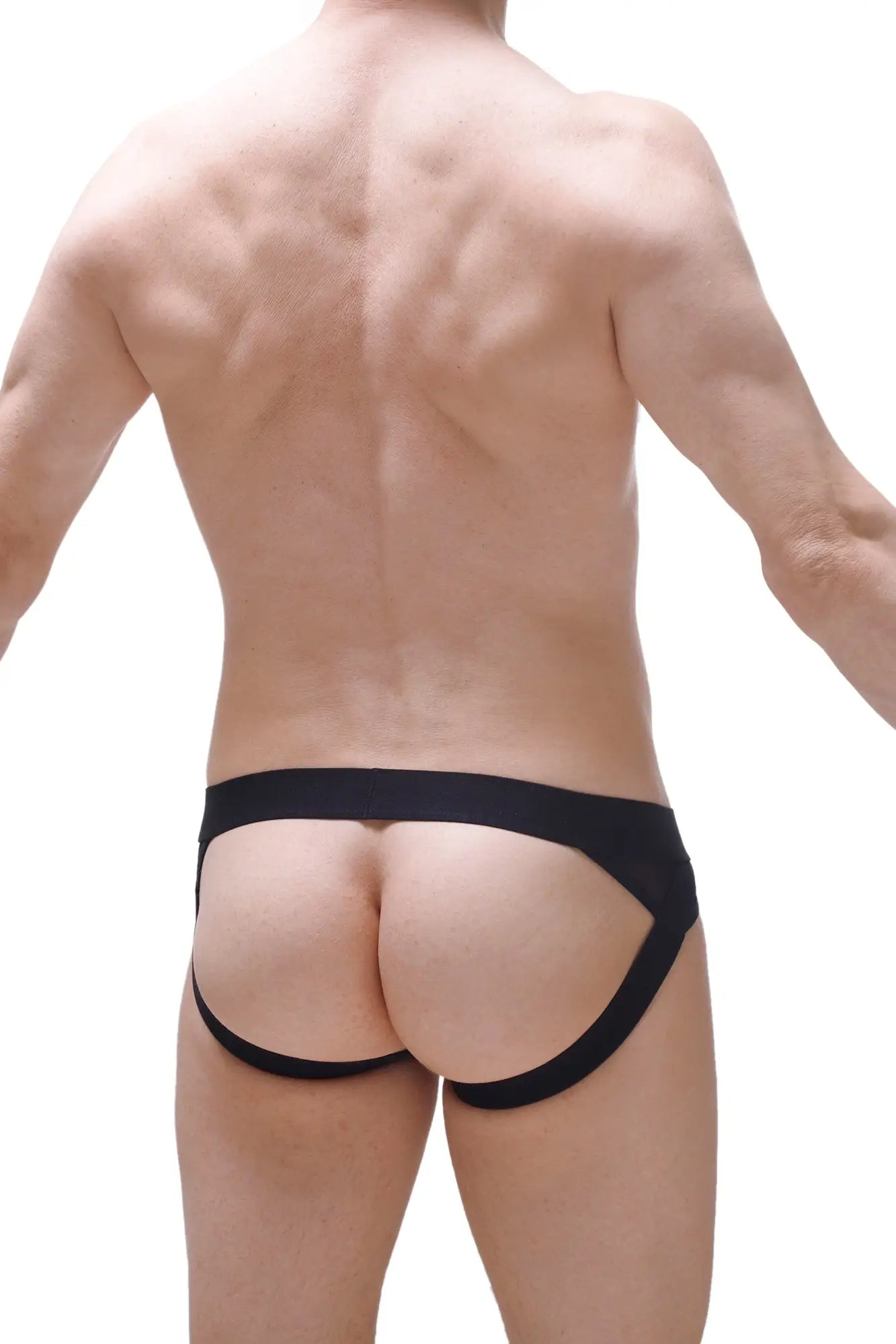 Black form-fitting athletic briefs with supportive waistband and leg openings in jockstrap mosset boudoir style