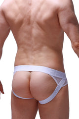 White mesh briefs jockstrap mosset marbre green with solid waistband and side straps front view