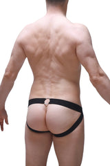 Black athletic jockstrap moys panthere with a circular metallic clasp at the back for secure fit and style