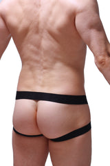 Black petitq jockstrap multien panthere thong with smooth elastic waistband and side straps shown from the back