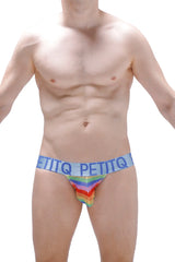 Rainbow-striped men’s jockstrap net briefs with a light blue petitq branded waistband in bold black letters