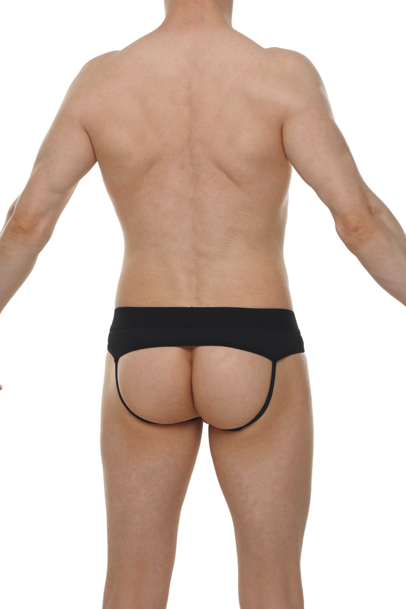 Black form-fitting briefs jockstrap open skine with narrow waistband and thin leg straps for comfortable wear