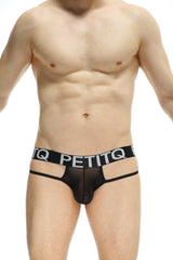 Black mesh PetitQ jockstrap osmoy net briefs with a bold black waistband featuring the logo in white lettering