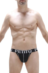 Black petitq jockstrap with pad featuring white lettering and vertical stitching details on briefs