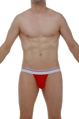 Petitq jockstrap blyes modal red red athletic briefs with white waistband featuring thin red and blue stripes