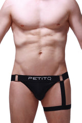 Black PetitQ jockstrap Prenay briefs with harness-style design and metallic buckle accents for bold support