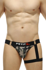 Black and green camouflage mesh jockstrap prenay camo mens briefs with black elastic straps front view
