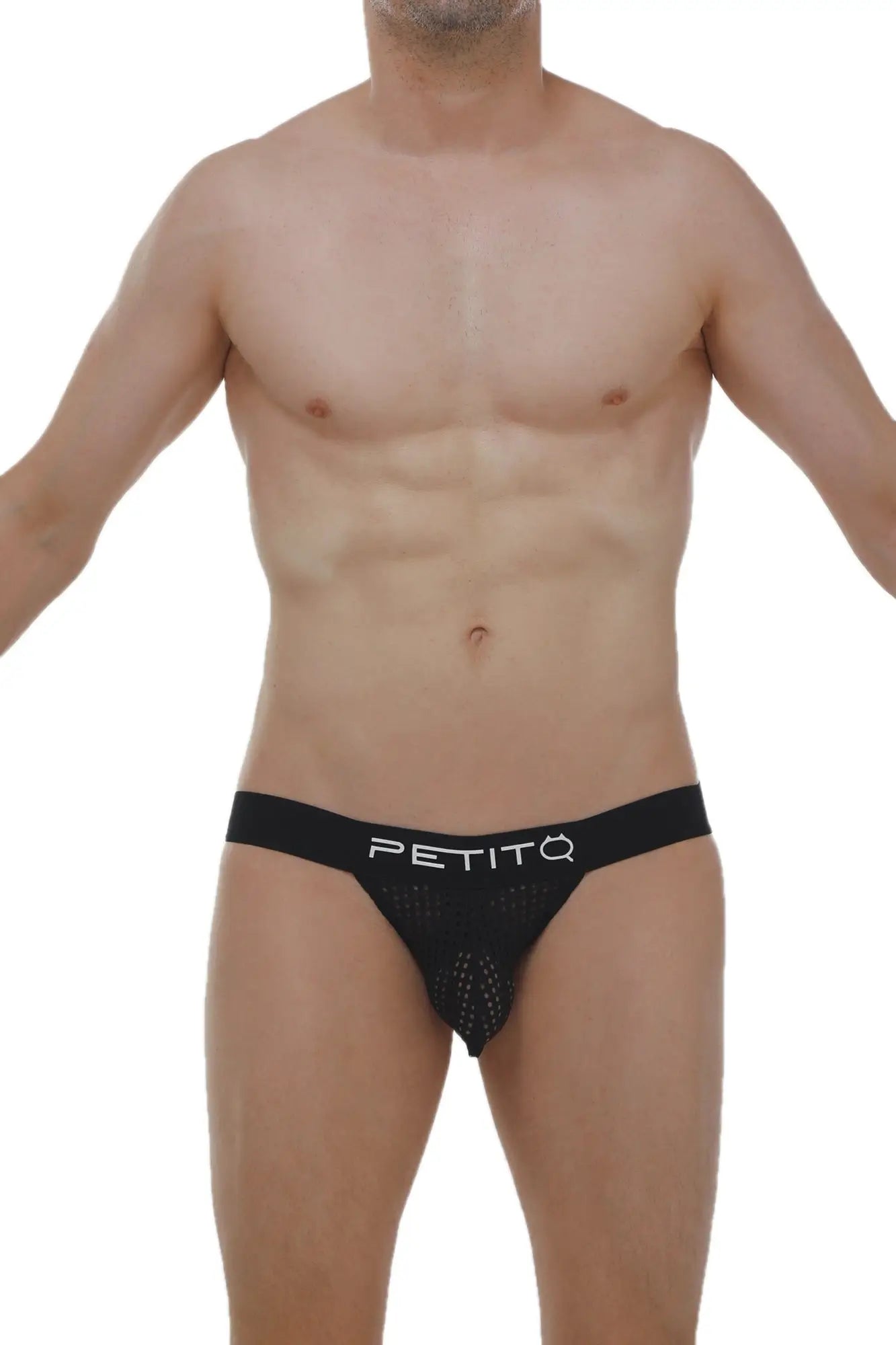 Black mesh jockstrap protruder durtol briefs with white petitq logo on waistband