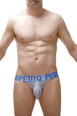 Light blue mesh jockstrap with a solid blue waistband featuring the petitq brand name in white lettering