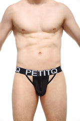Black petitq jockstrap liffol satin thong with wide waistband featuring white lettering and thin side straps