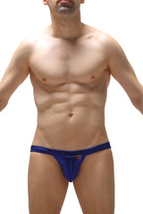Vibrant royal blue satin jockstrap briefs with sleek form-fitting design and small red logo on the front