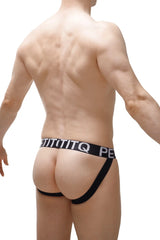 Black athletic jockstrap taik sitges with white logo band across waistband showing front side design