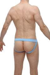 Light blue form-fitting jockstrap linthes bamboo briefs with supportive waistband and leg straps