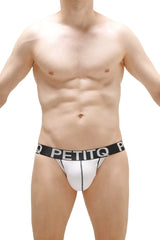 White petitq jockstrap briefs with black elastic waistband and bold white brand name featuring a pad