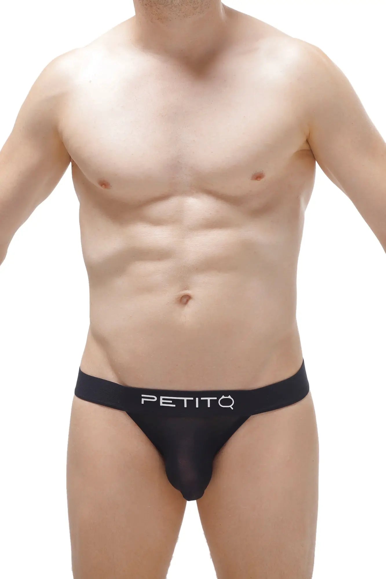 Black petitq jockstring ardrier net briefs with a sheer mesh front and solid waistband