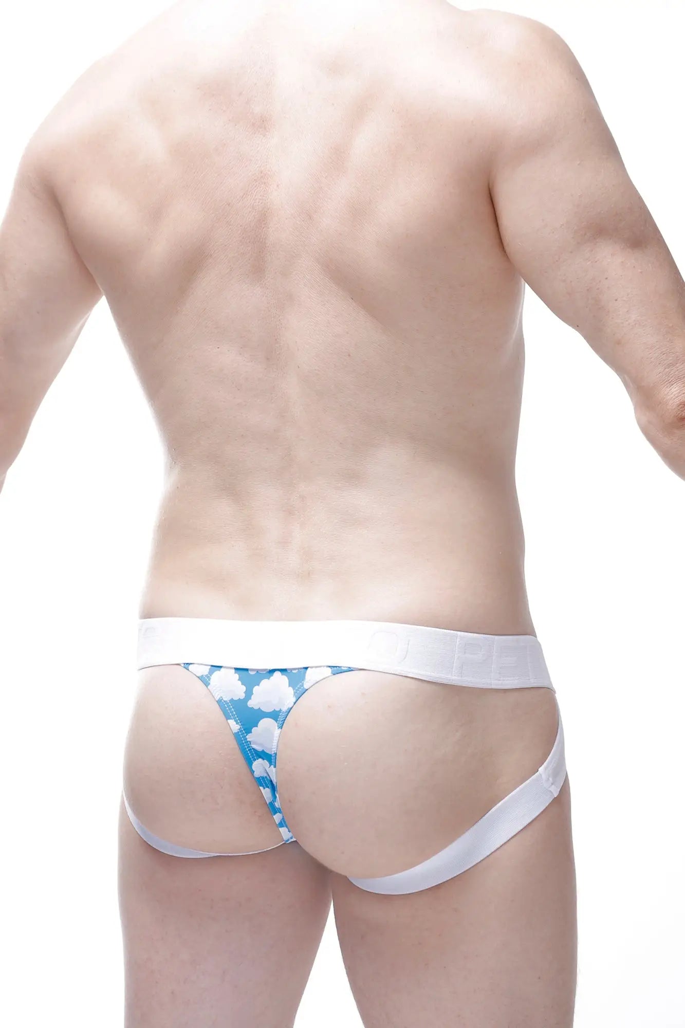 Blue and white cloud-patterned jockstring argein nuage briefs with a solid white waistband front view