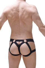 Black harness-style jockstring beast ascan briefs with circular metal rings on waistband for edgy underwear look