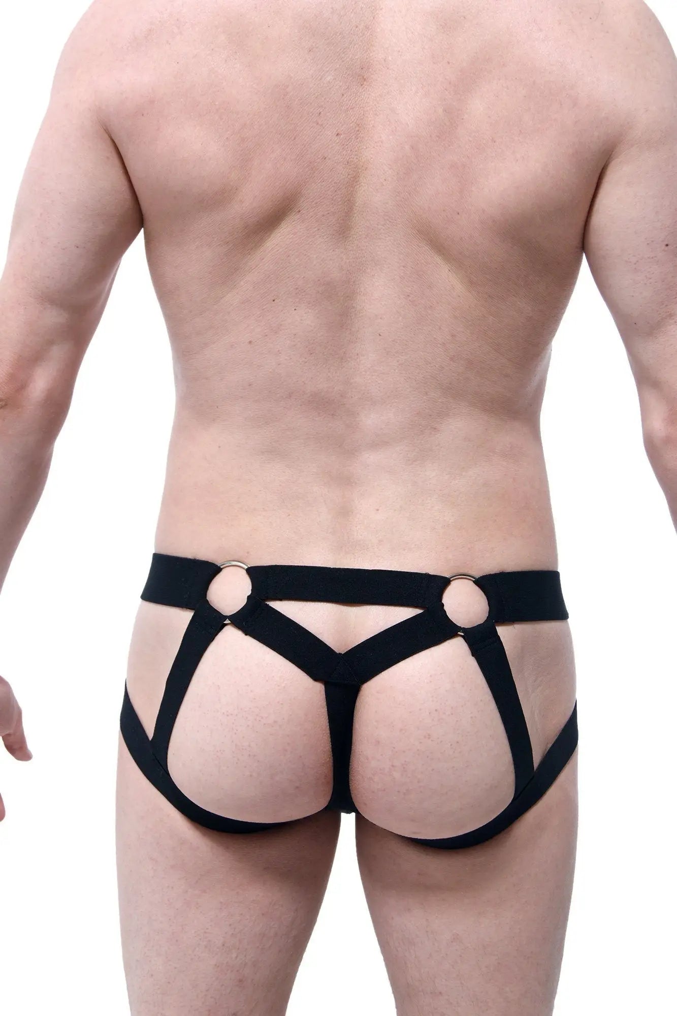 Black harness-style jockstring beast briefs with gold metal rings at waistband for edgy stylish wear