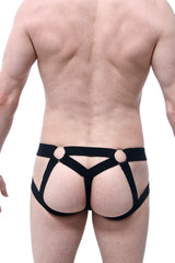Black harness-style jockstring beast briefs with gold metal rings at waistband for edgy stylish wear