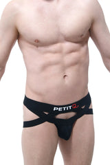 Black petitq branded jockstring beast briefs with crisscross design and cutout details in front view