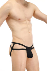 Black sleek form-fitting men’s thong jockstring bohi black with distinctive crisscross design across the hips back view