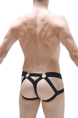 Back view of black leather-like jockstring brest briefs with circular metal rings harness-style design