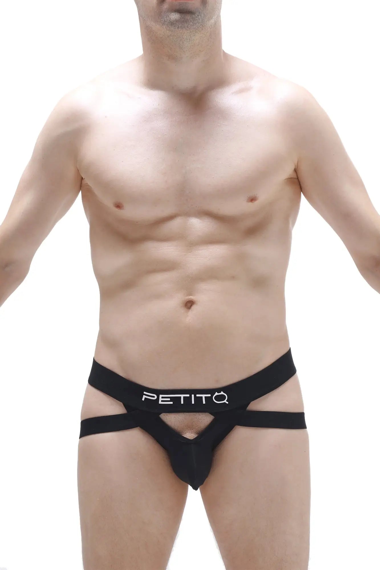 Black petito jockstring brest men’s briefs with distinctive cut and white logo on waistband in black fabric