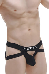 Black petitq men’s briefs jockstring brest black with crisscross design and cutout details in front view