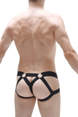 Back view of black leather-like harness-style jockstring brest red briefs with circular metal rings
