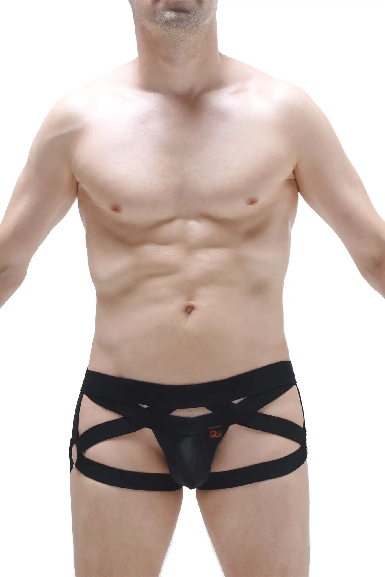 Black lace-up jockstring bustic briefs with supportive strappy design showing front side