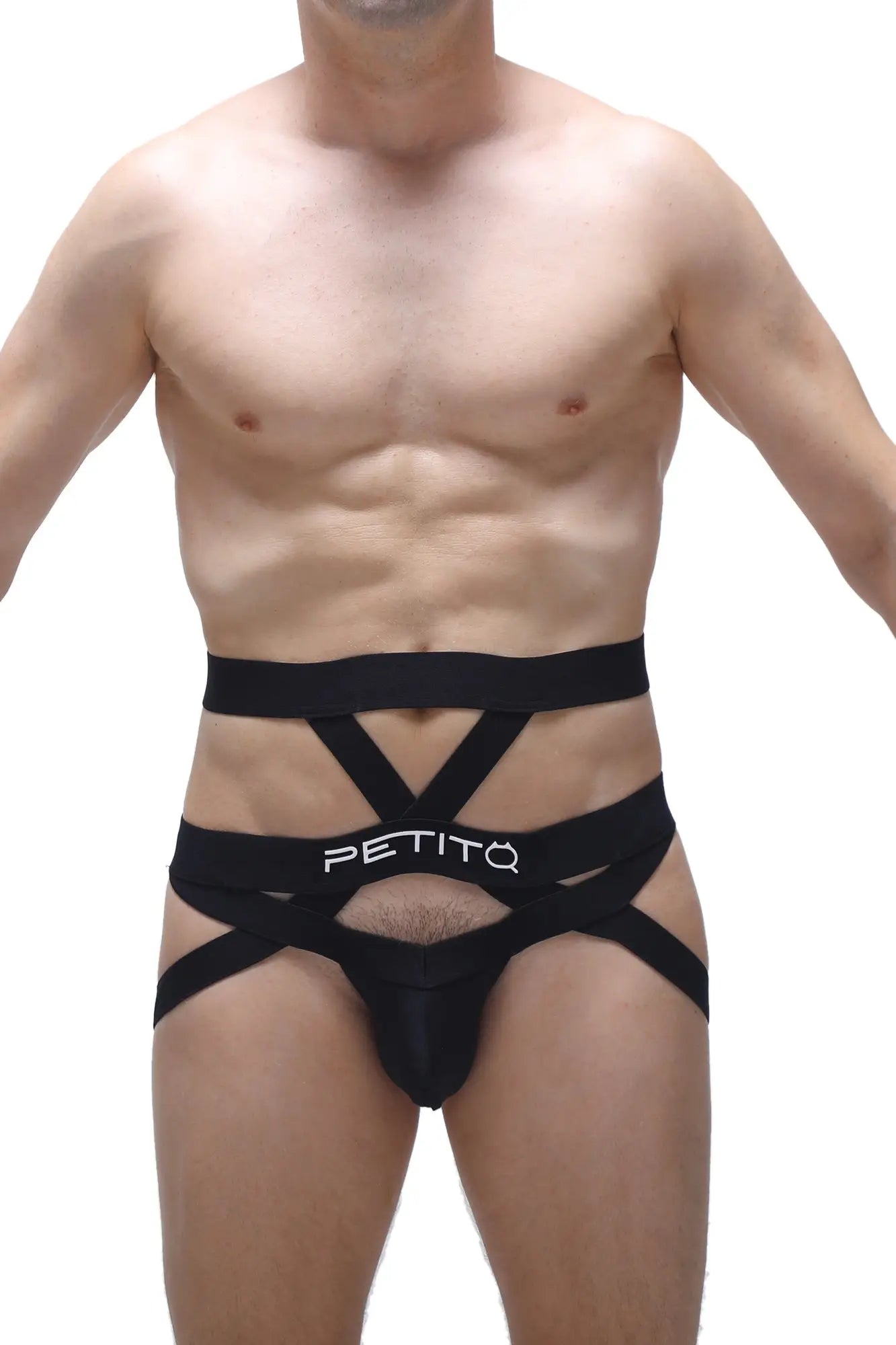 Black petitq men’s jockstring bustic strappy briefs with bold crisscross design for a modern edgy look