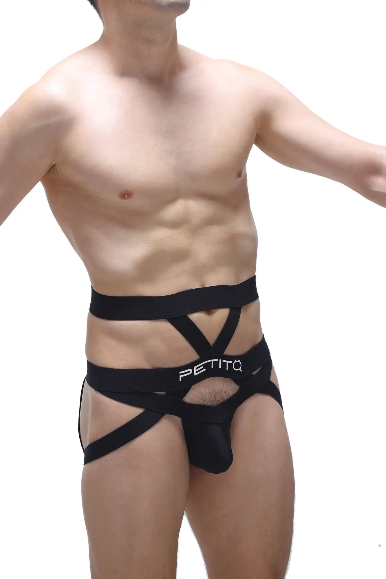 Black petitq jockstring bustic men’s strappy briefs with crisscross design and mesh paneling