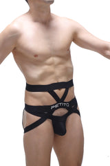 Black petitq jockstring bustic men’s strappy briefs with crisscross design and mesh paneling
