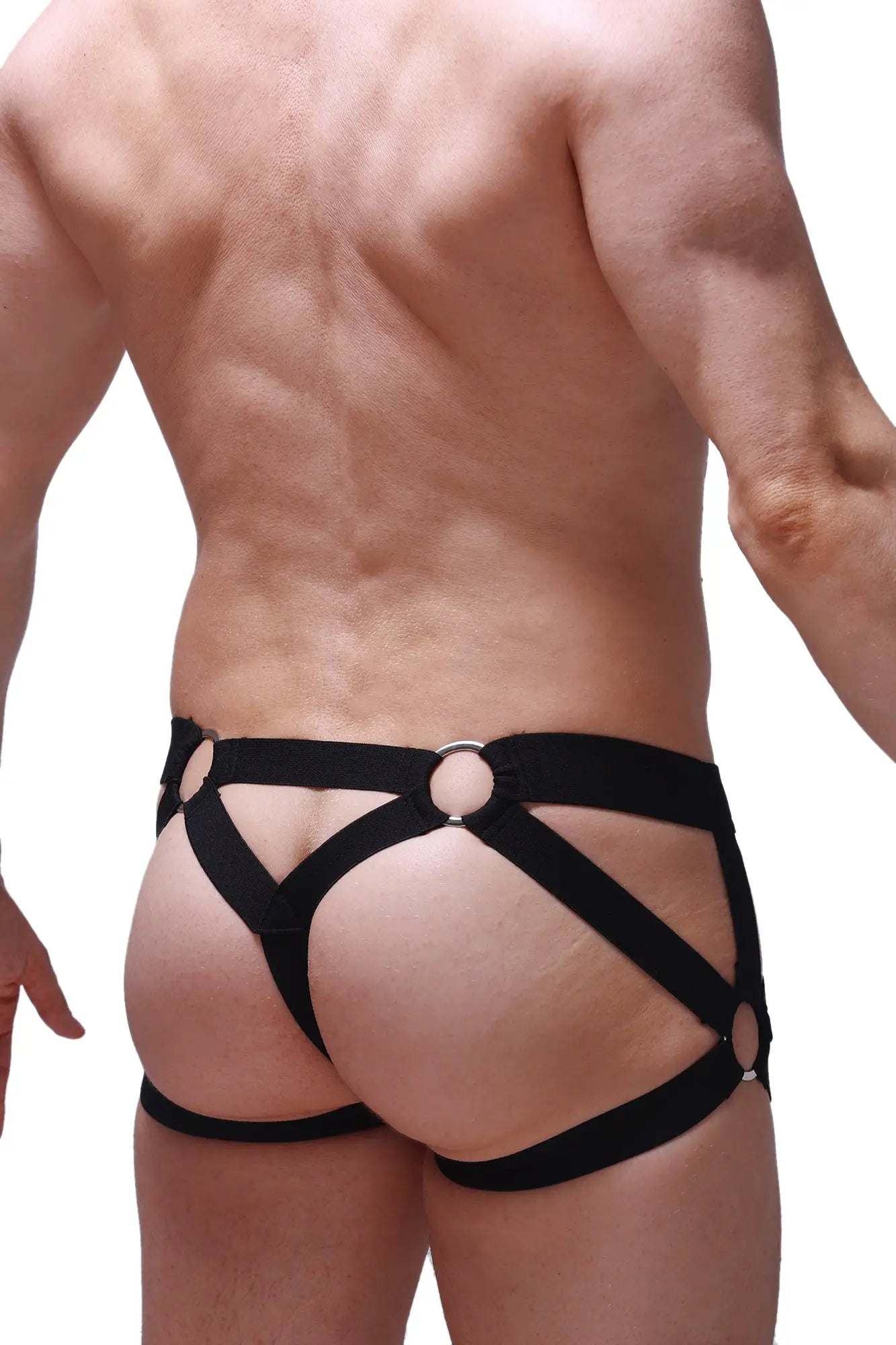 Black leather harness-style jockstring bustic mesh briefs with silver-toned metal rings