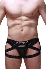Black petitq jockstring bustic mesh men’s underwear with strappy crisscross design in breathable mesh fabric