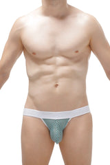 Light blue mesh briefs with white elastic waistband featured in jockstring durtol green style