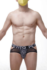 Black mesh jockstring lunan bandana briefs with white paisley pattern and petitq branded waistband