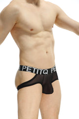 Black mesh jockstring lunan net briefs with black elastic waistband featuring petitq logo in white lettering