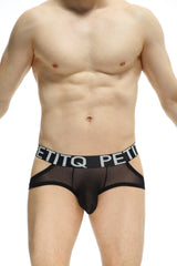 Black sheer mesh jockstring briefs with bold black waistband featuring white petitq lettering in front view