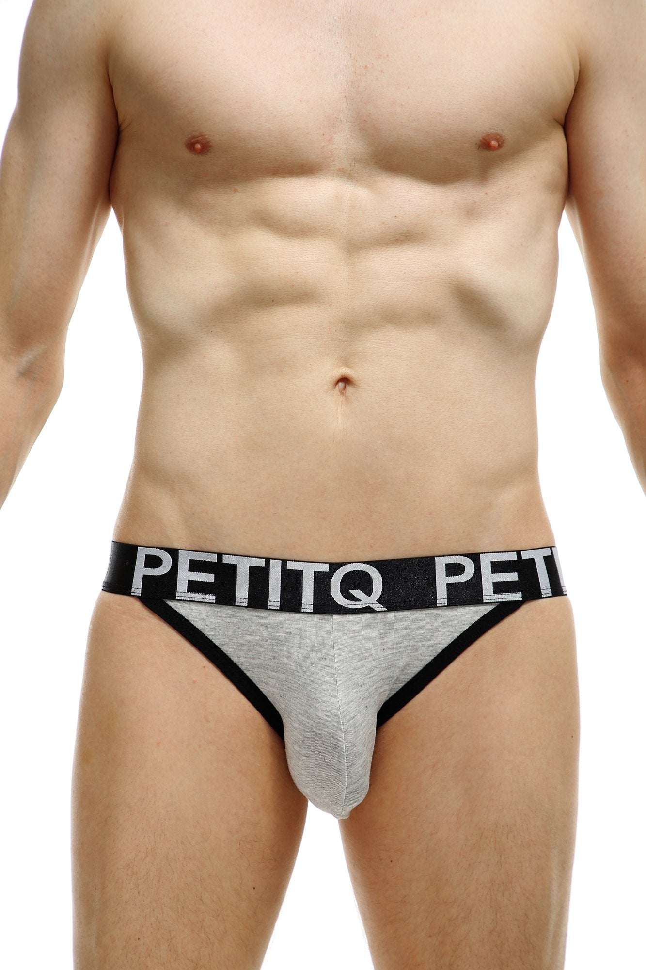 Gray and black petitq men’s briefs with textured bamboo fabric waistband featuring brand name in white lettering