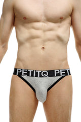 Gray and black petitq men’s briefs with textured bamboo fabric waistband featuring brand name in white lettering