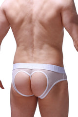 White mesh jockstring Murzo briefs with heart-shaped cutout design and elastic waistband showing front view