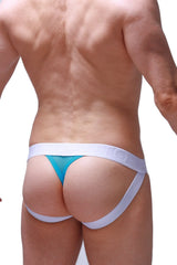Turquoise mesh jockstring net maya blue briefs with white elastic waistband and leg straps front side