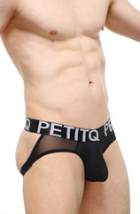 Petitq jockstring argein black briefs in black mesh and solid fabric with a white petitq logo band