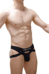 Black petitq men’s briefs with a distinctive crisscross design and white logo jockstring petitq beast black 2023