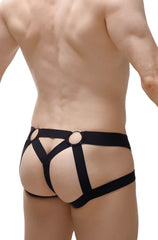 Black harness-style jockstring briefs with circular metal rings at the waistband from petitq beast 2023 collection