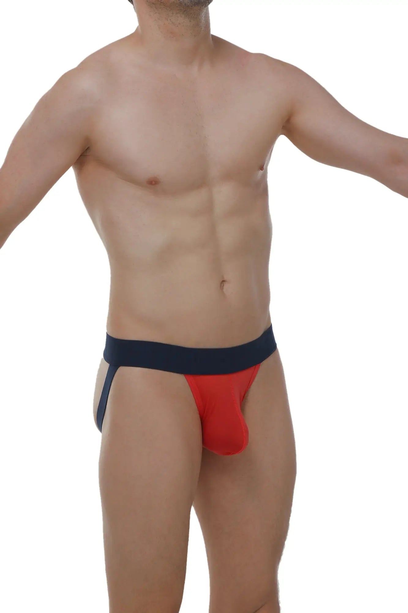 Red and navy blue athletic jockstring plum crimson briefs with a snug fit designed for active wear