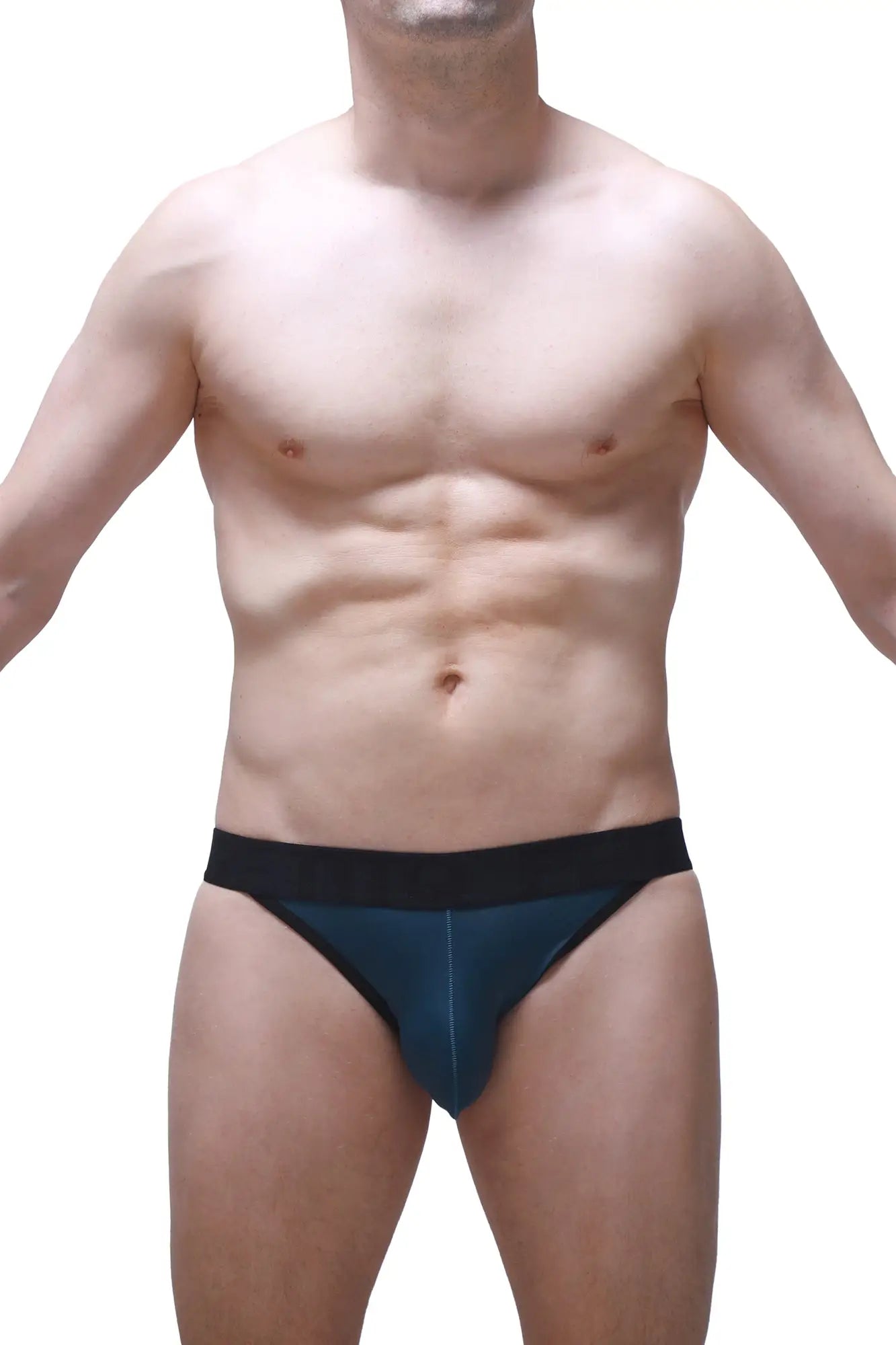 Dark blue jockstring prussian blue athletic briefs with contrasting black waistband designed for active wear