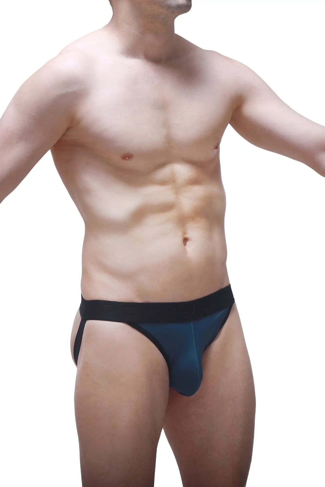 Dark blue form-fitting jockstring briefs with a contrasting black waistband designed for support and comfort